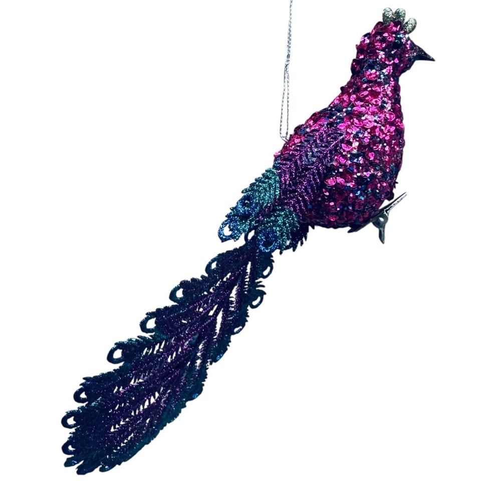 Magenta and Teal Sequin Peacock Clip On Christmas Ornament Glitter Bird Purple